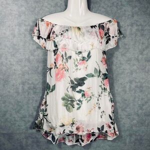 Dreamy romantic coquette off shoulder silk floral mini dress